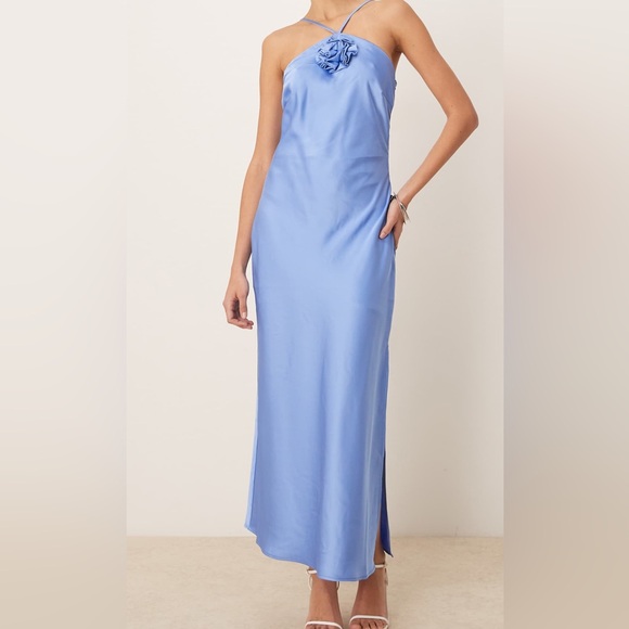 ASOS Edit - YAS Provence Blue Satin Maxi Dress  Halter, Floral Corsage